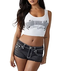 True Religion Crystal Logo Bandana Ribbed Knit Scoop Neck Sleeveless Tank Top