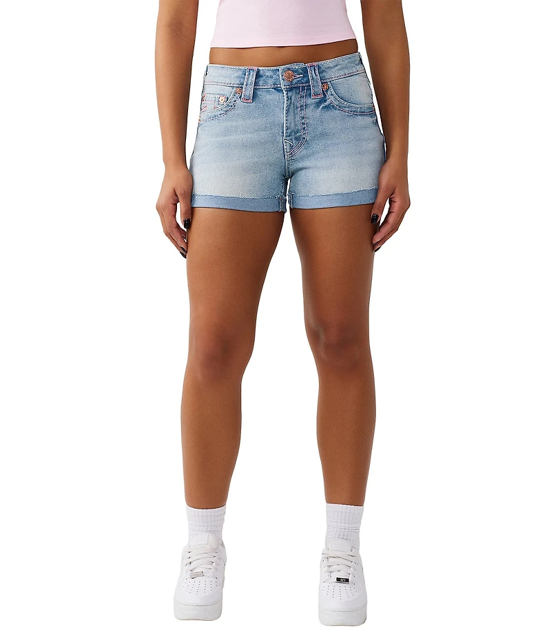 True Religion Jennie Big T Mid Rise Rolled Hem Denim Shorts