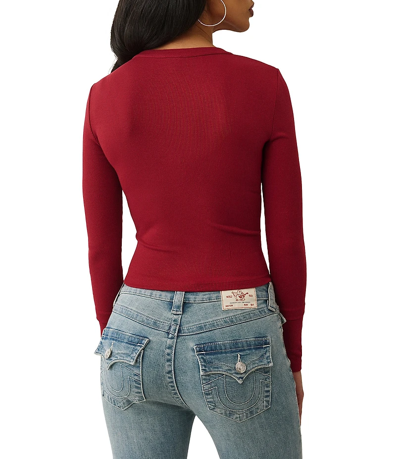True Religion Ribbed Faded Logo V-Neck Long Sleeve Henley Top