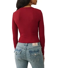True Religion Ribbed Faded Logo V-Neck Long Sleeve Henley Top