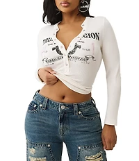 True Religion Ribbed Faded Logo V-Neck Long Sleeve Henley Top