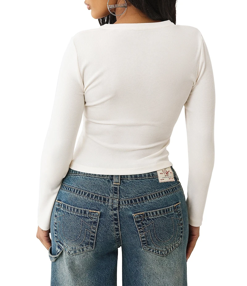 True Religion Ribbed Faded Logo V-Neck Long Sleeve Henley Top
