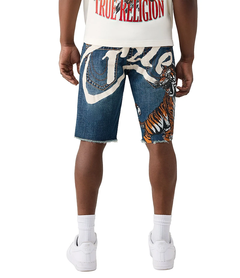 True Religion Ricky Big-T Tiger Motif Frayed Hem 12#double; Inseam Denim Shorts