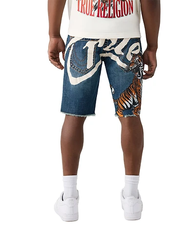 True Religion Ricky Big-T Tiger Motif Frayed Hem 12#double; Inseam Denim Shorts