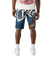 True Religion Ricky Big-T Tiger Motif Frayed Hem 12#double; Inseam Denim Shorts