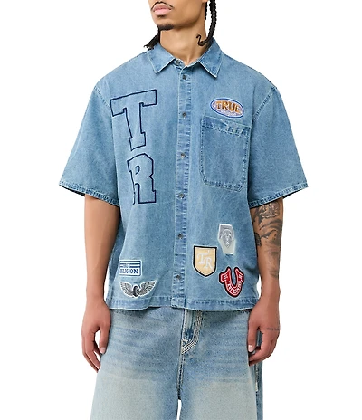 True Religion Short Sleeve Denim Logo Patchwork Shirt