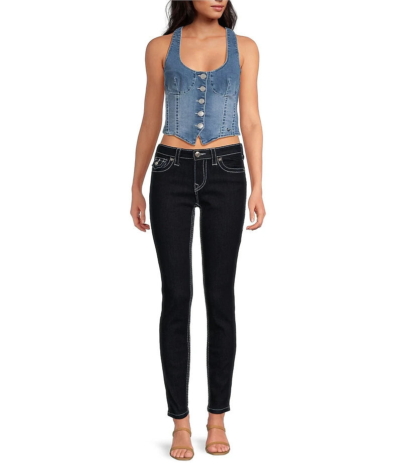 True Religion Stretch Denim Scoop Neck Button Front Corset Top