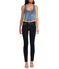 True Religion Stretch Denim Scoop Neck Button Front Corset Top
