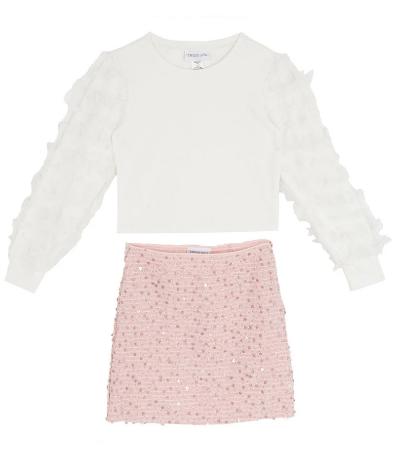 Tween Diva Big Girls 3D-Butterfly Mesh Long Sleeve Knit Top & Allover Print Sequin Skirt Set