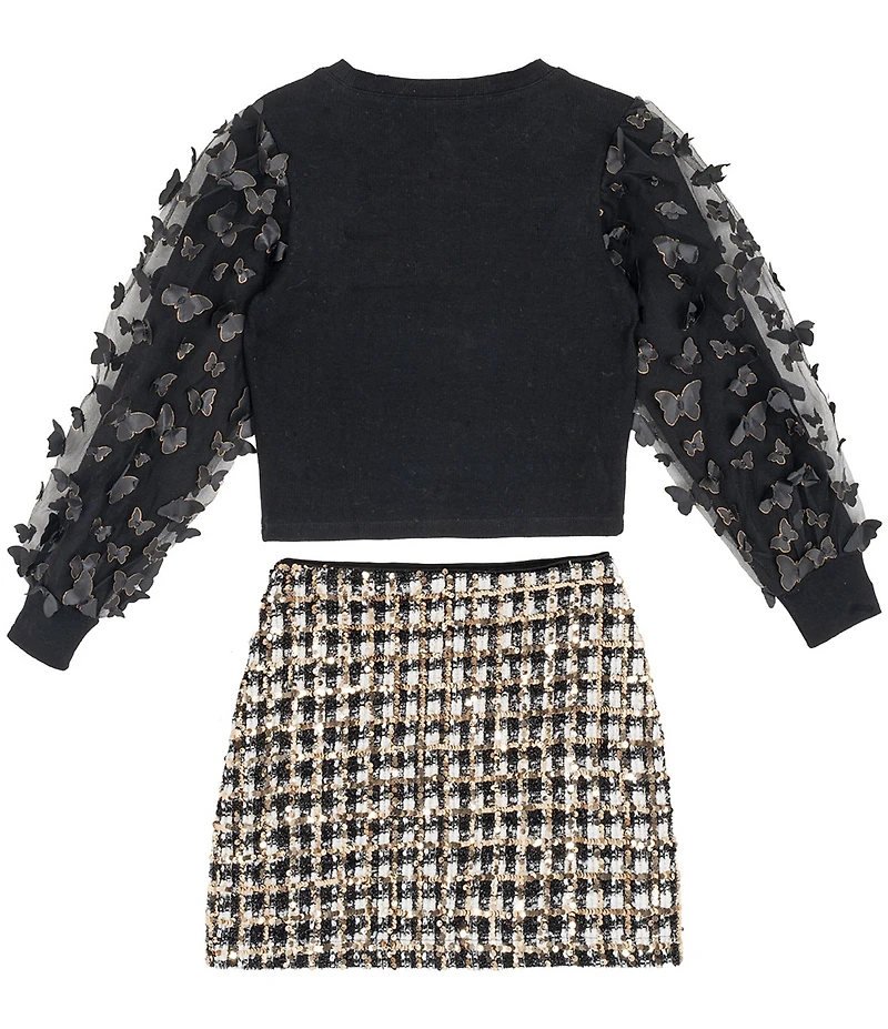 Tween Diva Big Girls 3D-Butterfly Mesh Long Sleeve Knit Top Allover Print Skirt Set