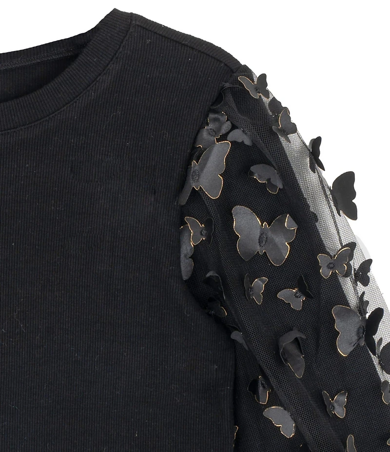 Tween Diva Big Girls 3D-Butterfly Mesh Long Sleeve Knit Top Allover Print Skirt Set