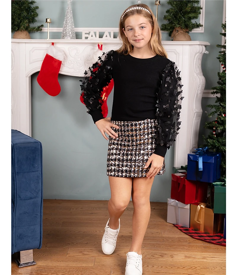 Tween Diva Big Girls 3D-Butterfly Mesh Long Sleeve Knit Top Allover Print Skirt Set