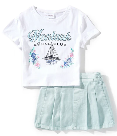 Tween Diva Big Girls Montauk Sailing Club Graphic T-Shirt & Pleated Denim Skirt Two-Piece Set