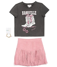 Tween Diva Big Girls Short Sleeve Nashville Graphic T-Shirt & Fringe-Trimmed Faux-Suede Skort Set