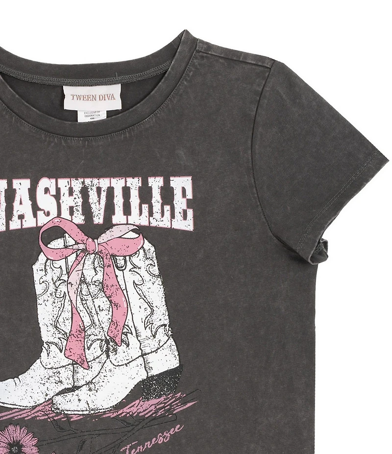 Tween Diva Big Girls Short Sleeve Nashville Graphic T-Shirt & Fringe-Trimmed Faux-Suede Skort Set