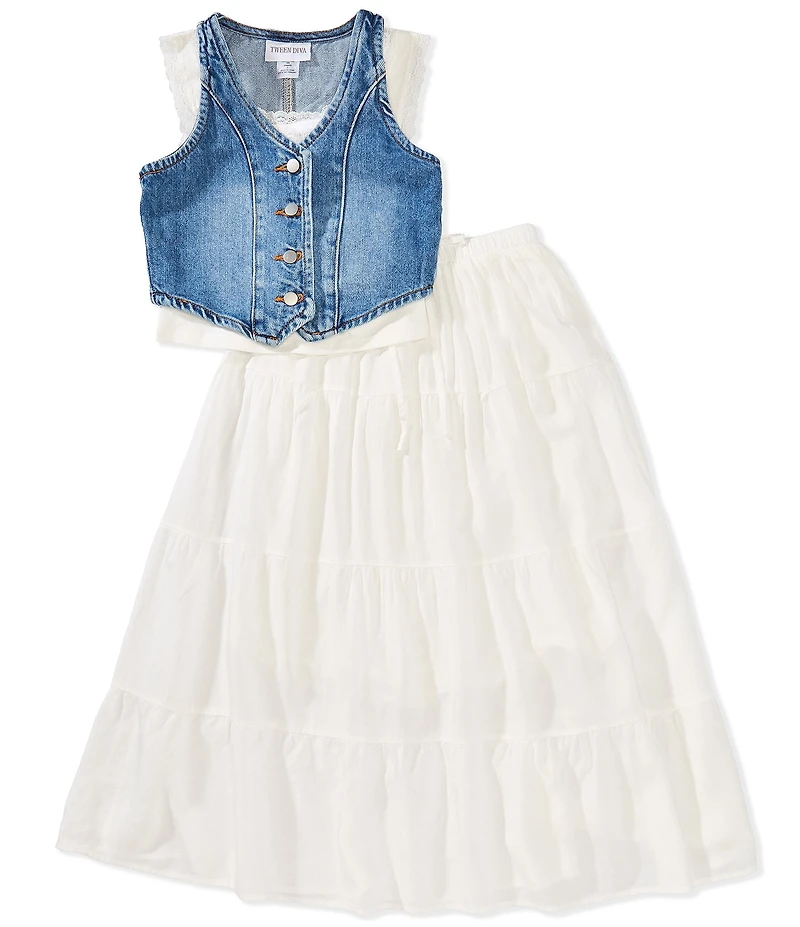 Tween Diva Big Girls Sleeveless Denim Vest, Sleeveless Knit Camisole Top & Long Full Pleated Skirt Three-Piece Set