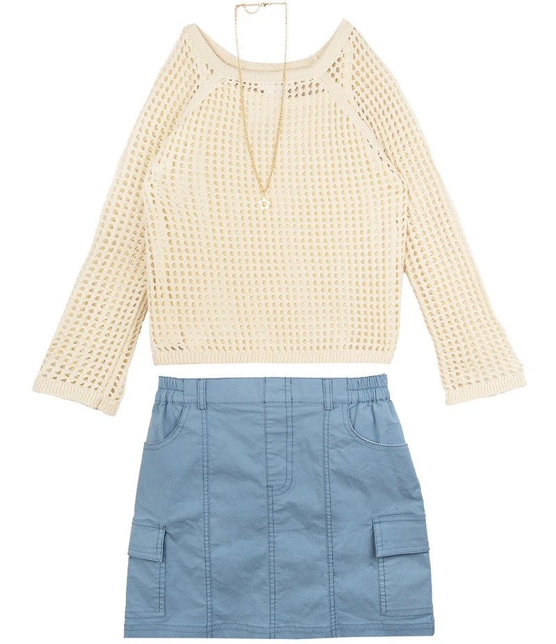 Tween Diva Big Girls Long Sleeve Crocheted Top, Sleeveless Knit Camisole & Twill Utility Skirt Set