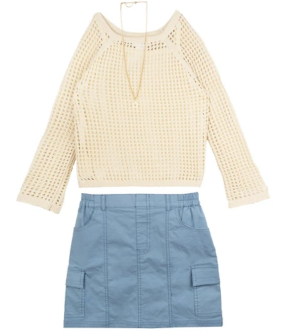 Tween Diva Big Girls Long Sleeve Crocheted Top, Sleeveless Knit Camisole & Twill Utility Skirt Set
