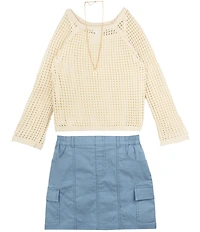 Tween Diva Big Girls Long Sleeve Crocheted Top, Sleeveless Knit Camisole & Twill Utility Skirt Set