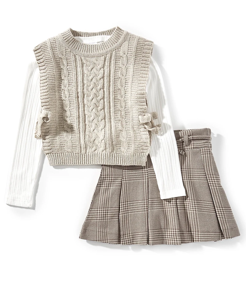 Tween Diva Big Girls Cable Knit Vest With Rib Knit Long Sleeve T-Shirt & Plaid Pleated Skort 3-Piece Set