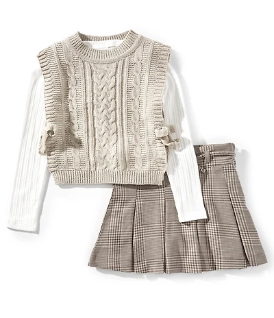 Tween Diva Big Girls Cable Knit Vest With Rib Knit Long Sleeve T-Shirt & Plaid Pleated Skort 3-Piece Set
