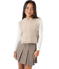 Tween Diva Big Girls Cable Knit Vest With Rib Knit Long Sleeve T-Shirt & Plaid Pleated Skort 3-Piece Set