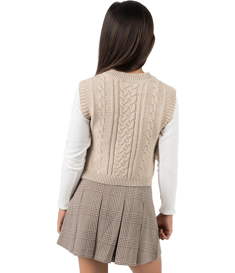 Tween Diva Big Girls Cable Knit Vest With Rib Knit Long Sleeve T-Shirt & Plaid Pleated Skort 3-Piece Set