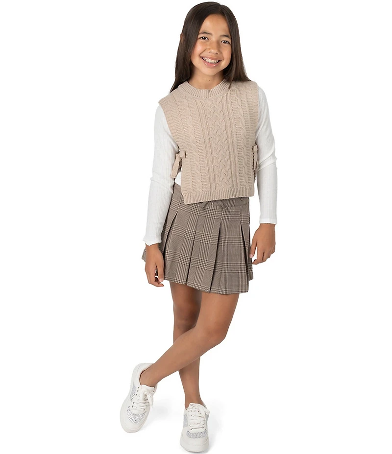 Tween Diva Big Girls Cable Knit Vest With Rib Knit Long Sleeve T-Shirt & Plaid Pleated Skort 3-Piece Set