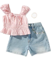Tween Diva Big Girls Flutter Sleeve Shirred Tunic Top & Embroidered Denim Shorts Set