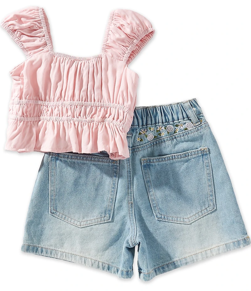 Tween Diva Big Girls Flutter Sleeve Shirred Tunic Top & Embroidered Denim Shorts Set