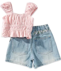 Tween Diva Big Girls Flutter Sleeve Shirred Tunic Top & Embroidered Denim Shorts Set
