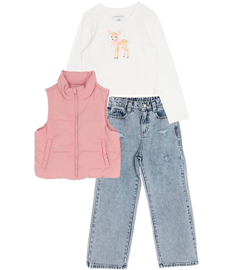 Tween Diva Big Girls Graphic T-Shirt, Puffer Vest & Distressed Denim Jeans 3-Piece Set