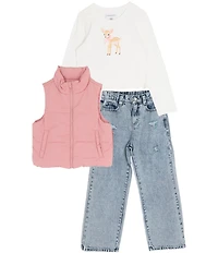 Tween Diva Big Girls Graphic T-Shirt, Puffer Vest & Distressed Denim Jeans 3-Piece Set