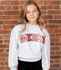 Tween Diva Big Girls Long Sleeve Applique Graphic Merry Sweatshirt