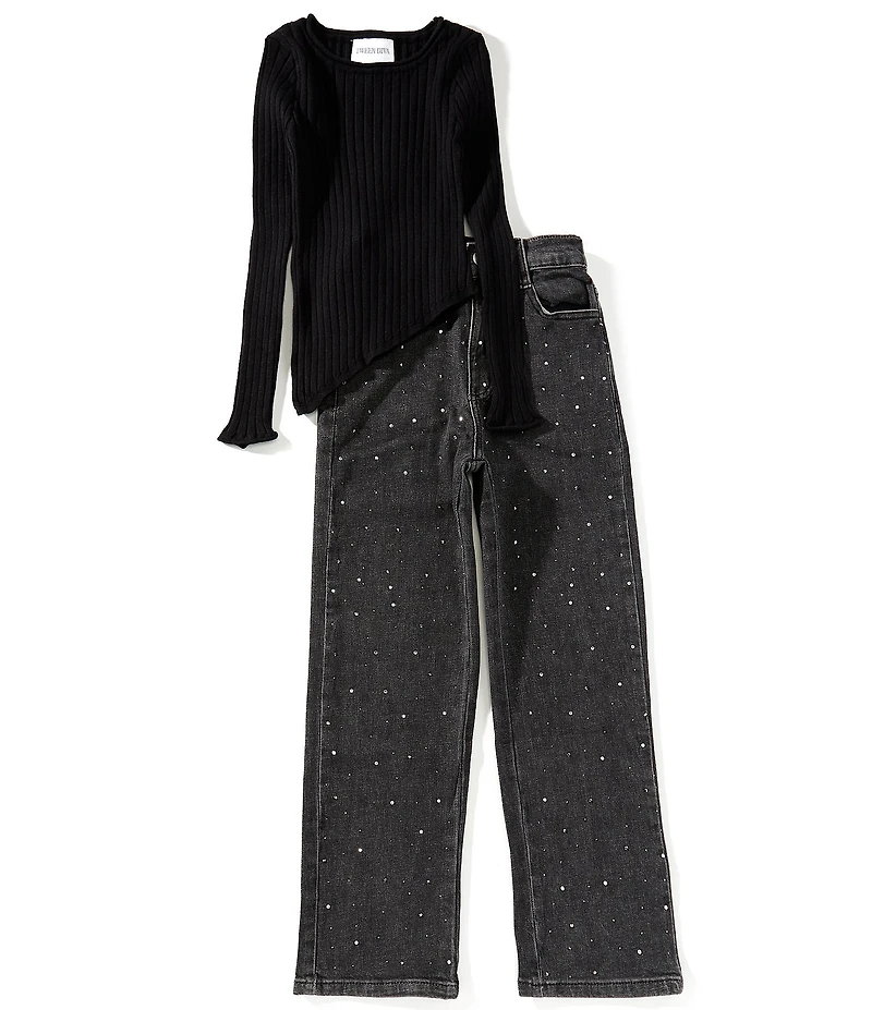 Tween Diva Big Girls Long Sleeve Asymmetical Sweater & Rhinestone Embellished Wide Leg Jeans Set