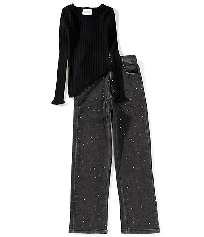 Tween Diva Big Girls Long Sleeve Asymmetical Sweater & Rhinestone Embellished Wide Leg Jeans Set