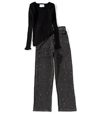 Tween Diva Big Girls Long Sleeve Asymmetical Sweater & Rhinestone Embellished Wide Leg Jeans Set