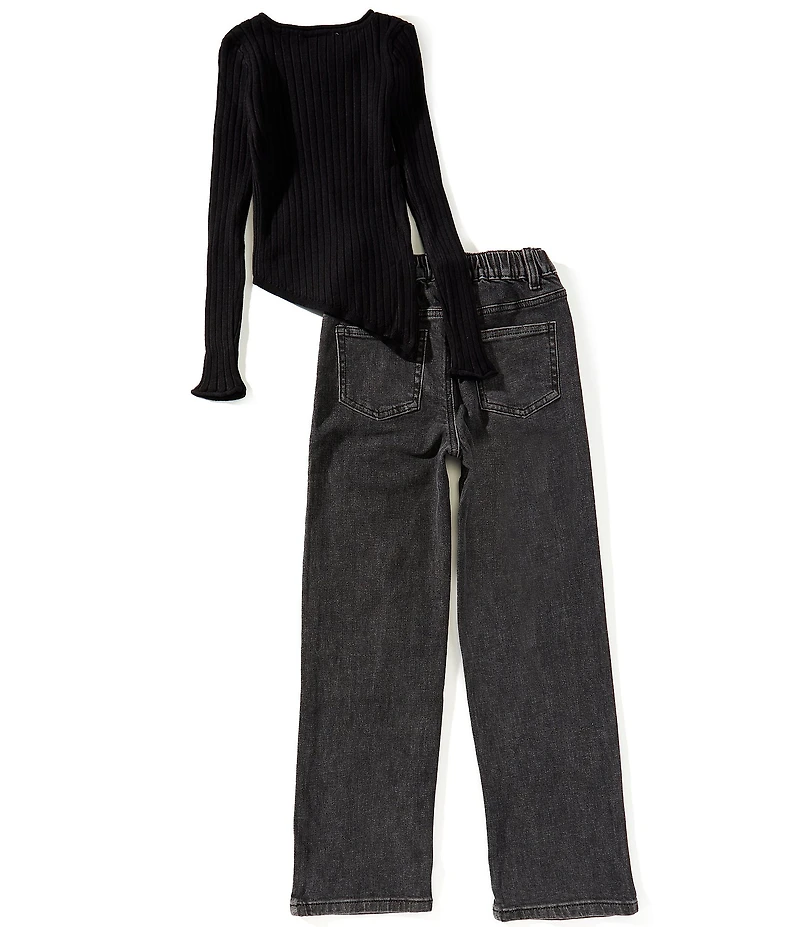 Tween Diva Big Girls Long Sleeve Asymmetical Sweater & Rhinestone Embellished Wide Leg Jeans Set