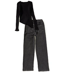 Tween Diva Big Girls Long Sleeve Asymmetical Sweater & Rhinestone Embellished Wide Leg Jeans Set