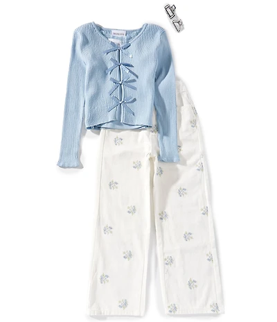 Tween Diva Big Girls Long-Sleeve Bow-Accented Rib-Knit Cardigan, Sleeveless Camisole & Floral-Embroidered Pants Set