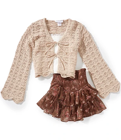 Tween Diva Big Girls Long Sleeve Crocheted Cardigan, Camisole & Printed Skirt Set