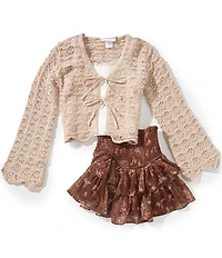 Tween Diva Big Girls Long Sleeve Crocheted Cardigan, Camisole & Printed Skirt Set