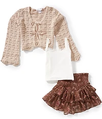 Tween Diva Big Girls Long Sleeve Crocheted Cardigan, Camisole & Printed Skirt Set