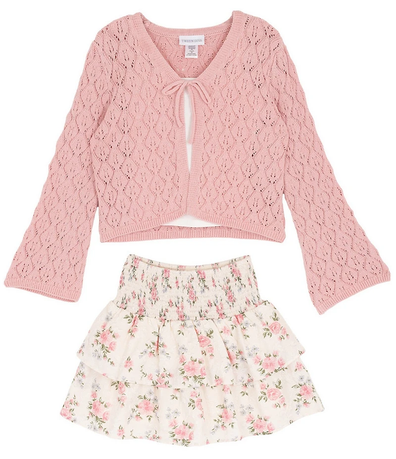 Tween Diva Big Girls Long-Sleeve Crocheted Cardigan, Lace-Trimmed Tank Top & Ditsy-Floral-Printed Skirt