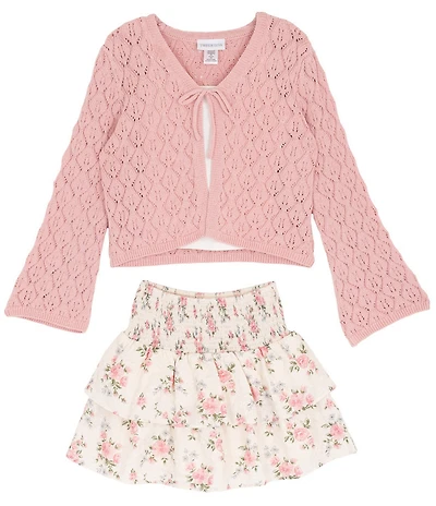 Tween Diva Big Girls Long-Sleeve Crocheted Cardigan, Lace-Trimmed Tank Top & Ditsy-Floral-Printed Skirt