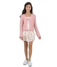 Tween Diva Big Girls Long-Sleeve Crocheted Cardigan, Lace-Trimmed Tank Top & Ditsy-Floral-Printed Skirt