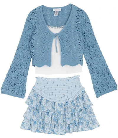 Tween Diva Big Girls Long-Sleeve Crocheted Cardigan, Lace-Trimmed Tank Top & Mixed-Media Multi-Tier Skirt