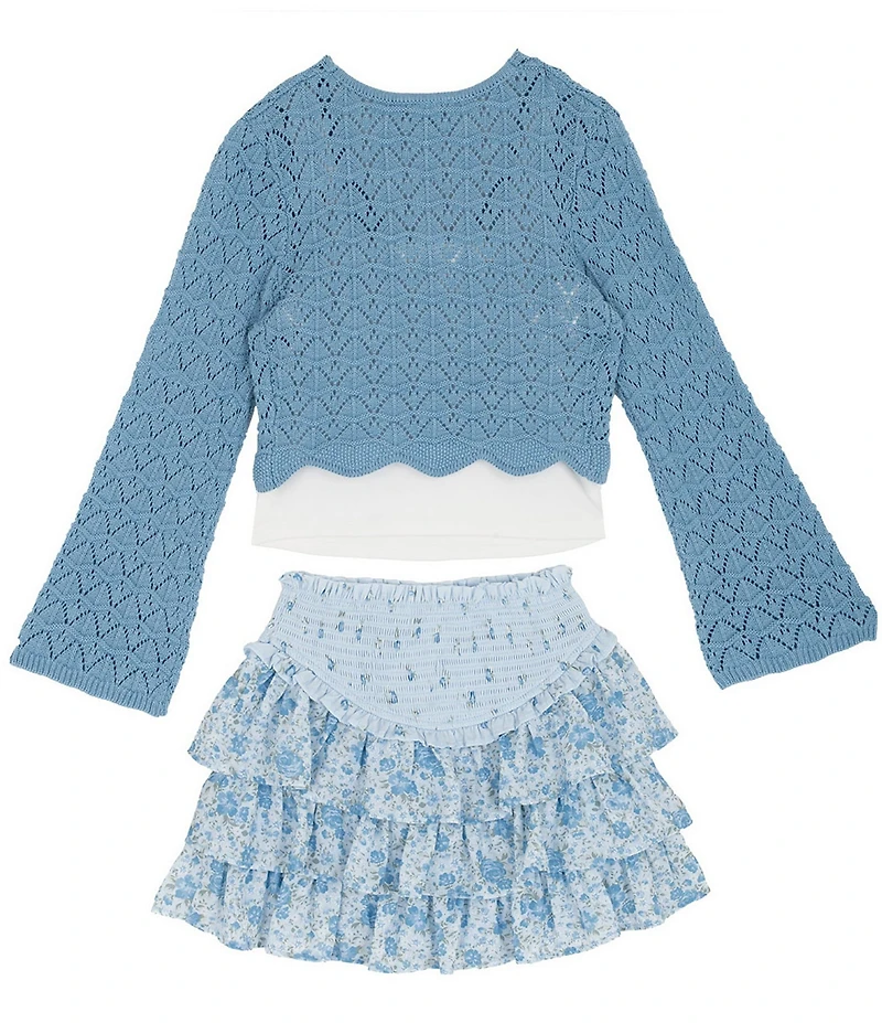 Tween Diva Big Girls Long-Sleeve Crocheted Cardigan, Lace-Trimmed Tank Top & Mixed-Media Multi-Tier Skirt