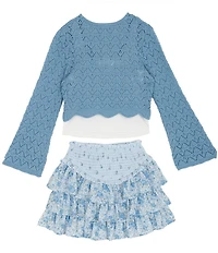 Tween Diva Big Girls Long-Sleeve Crocheted Cardigan, Lace-Trimmed Tank Top & Mixed-Media Multi-Tier Skirt