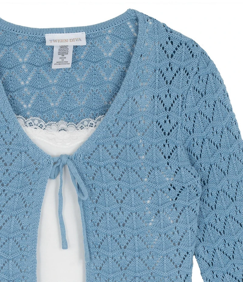 Tween Diva Big Girls Long-Sleeve Crocheted Cardigan, Lace-Trimmed Tank Top & Mixed-Media Multi-Tier Skirt